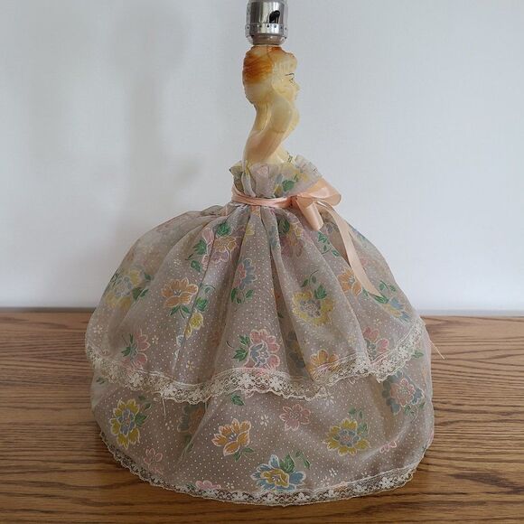 Vintage Lady In Dress MCM Lamp Celluloid Plastic Floral Swiss Dot Hoop Skirt - Picture 9 of 16